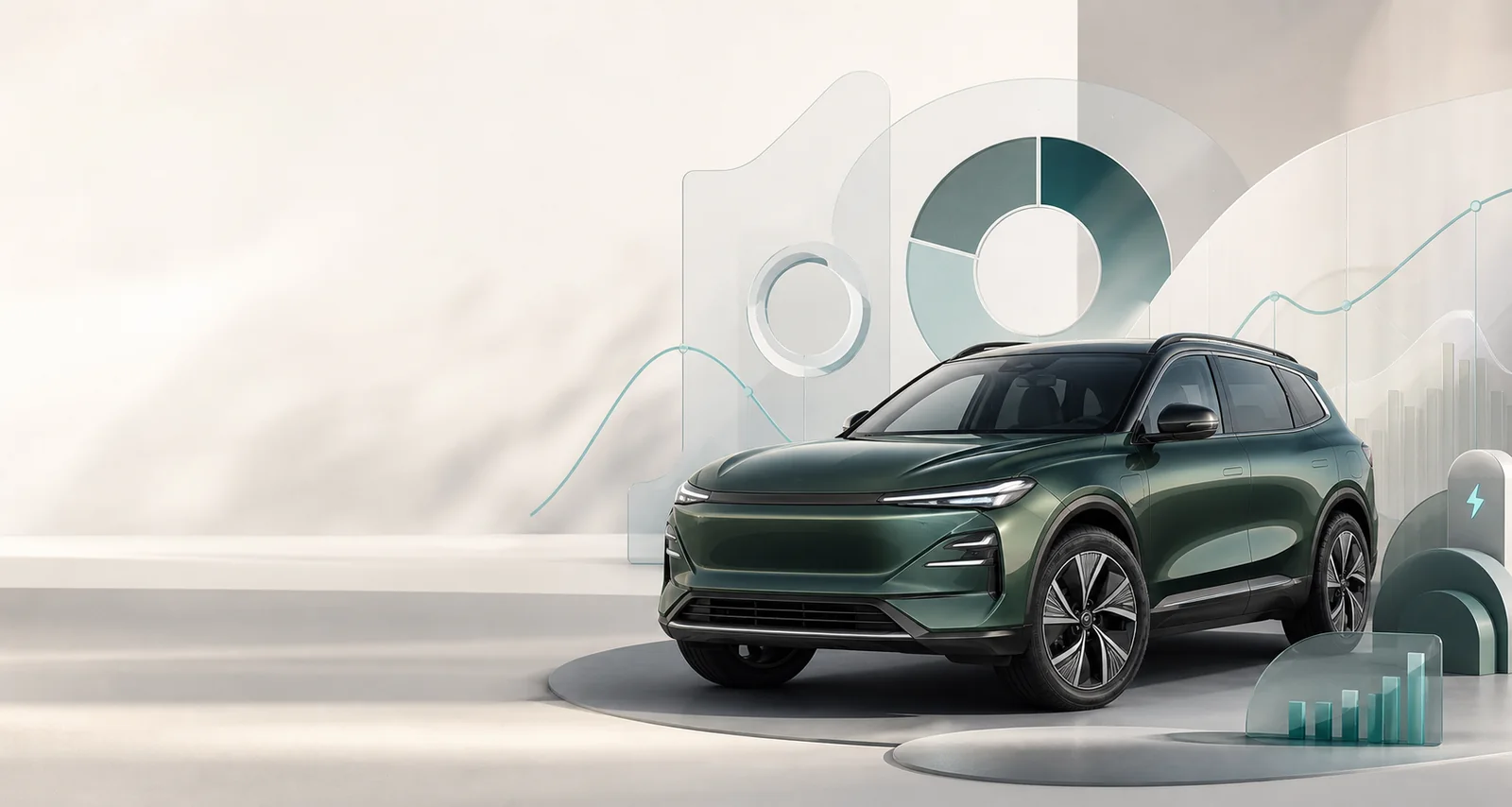 Modern car with abstract cost-analysis graphics
